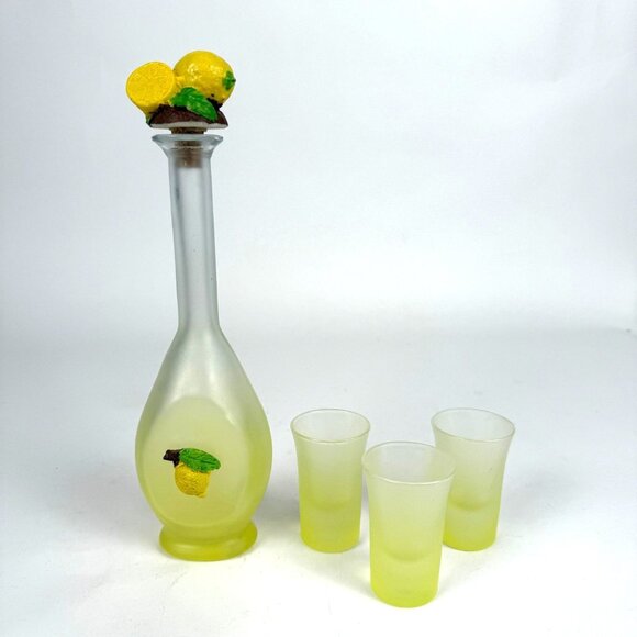 Vintage Limoncello Bottle Shot Glasses 3D Lemons Frosted Yellow 4 Piece Set EUC - Picture 1 of 12